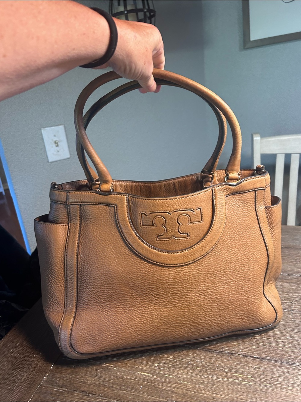 Tory Burch Brown pebbled leather serif t satchel